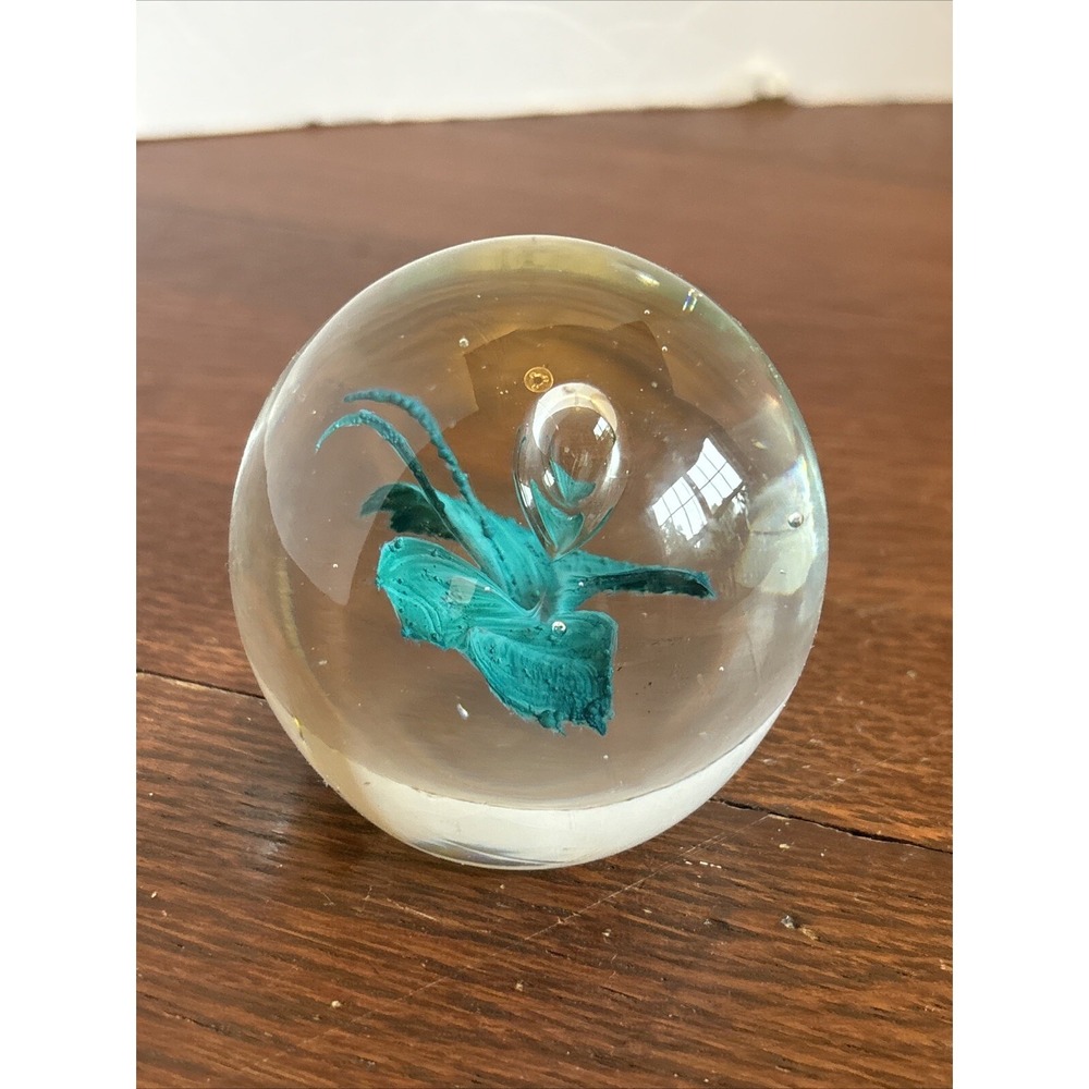 Art Glass Paperweight Teal Flower Butterfly Look Controlled Bubble Sphere